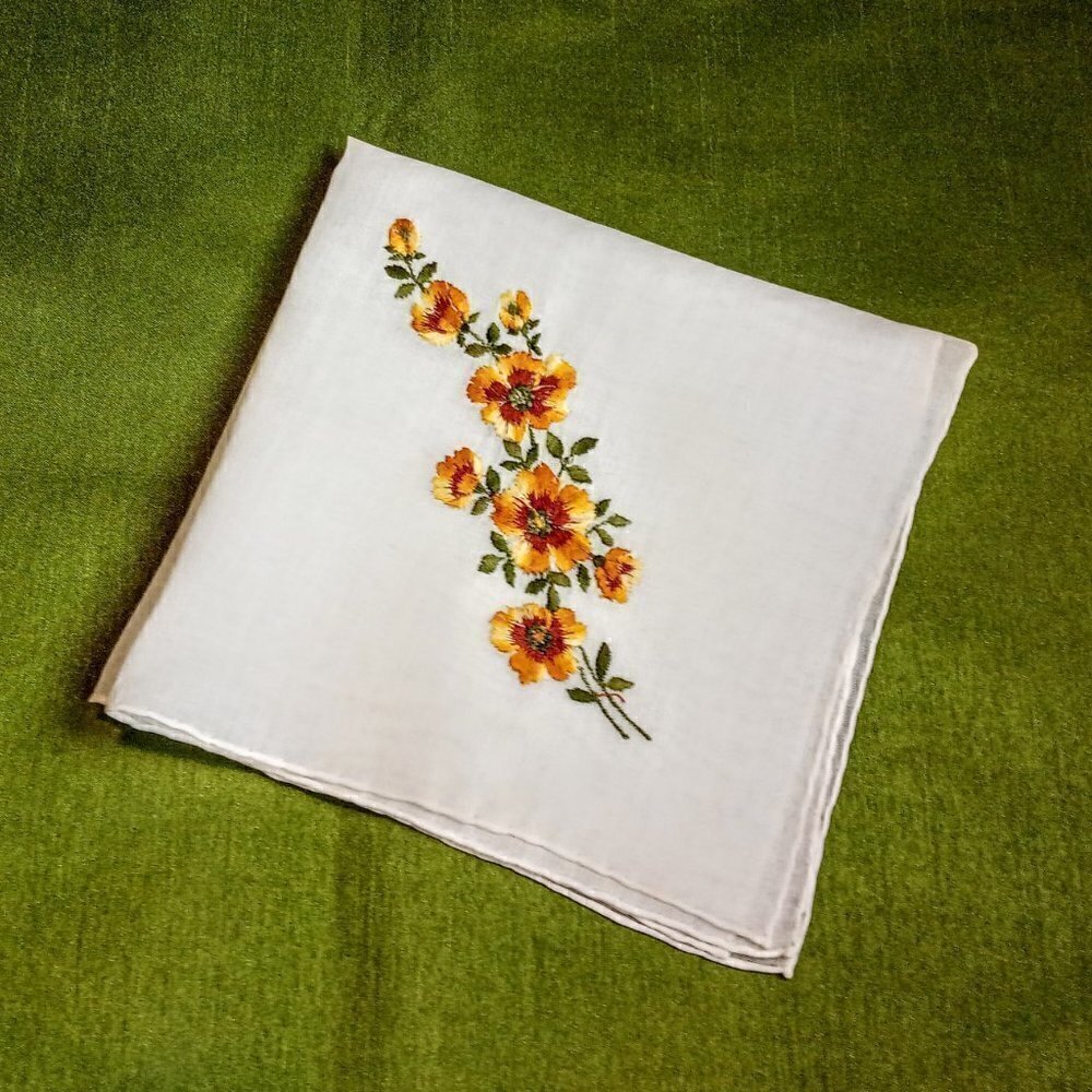 Vintage Floral Embroidered Linen Handkerchief